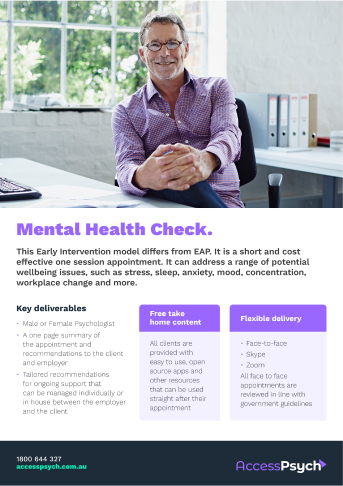 Mental health check information sheet with Access Psych branding, designed by MOO Marketing & Design graphic design studio in Melbourne