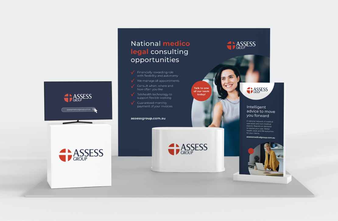 Assess Medical Group marketing collateral including pull-down banners, media walls, branded promotional table, and screensaver designed by MOO Marketing & Design graphic design agency in Melbourne