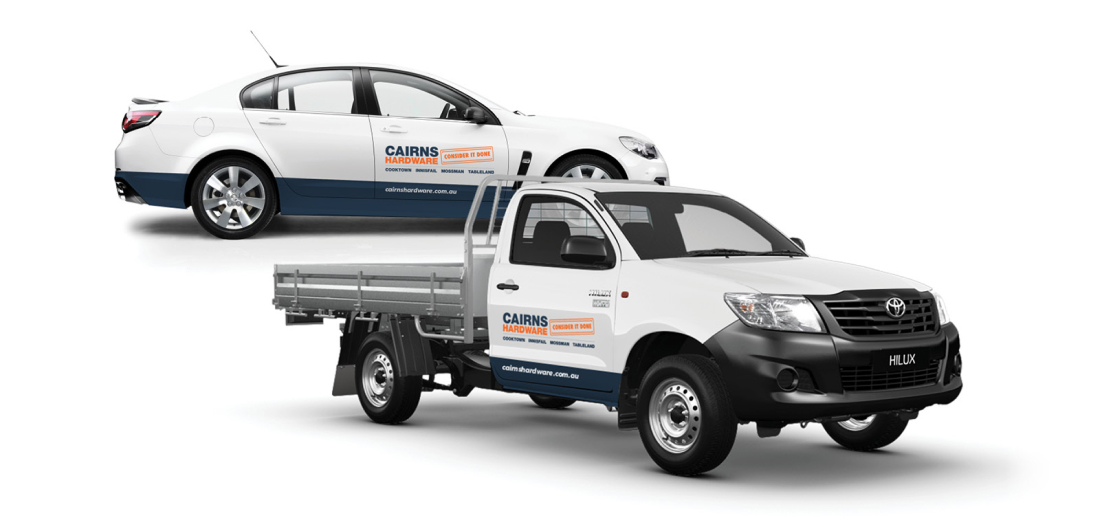 Cairns Hardware company cars including sedan and single-cab ute, with branding and decals designed by MOO Marketing branding design agency in Melbourne