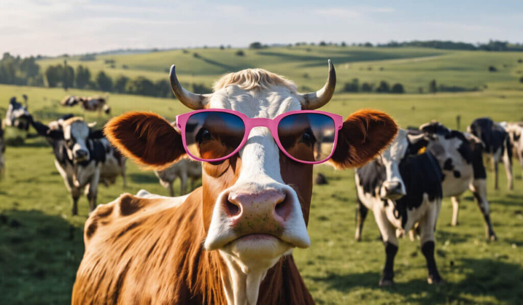 Cow standing in field wearing pink sunglasses
