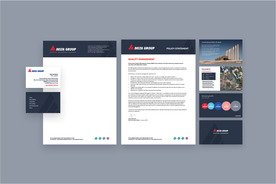 Delta Group marketing collateral including powerpoint slide templates, business cards, notepads, and letterheads, designed by MOO Marketing branding studio in Melbourne