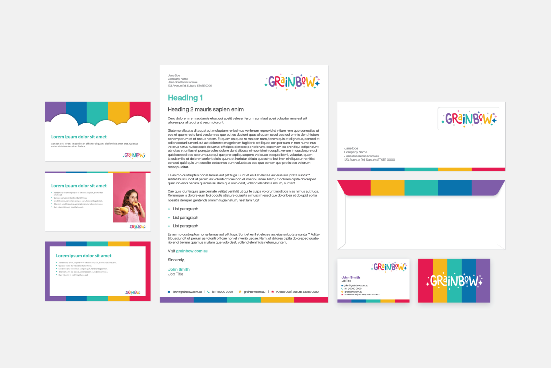 Grainbow brand collateral including Word document templates, business cars, envelopes and Powerpoint templates, designed by MOO Marketing & Design graphic design agency in Melbourne