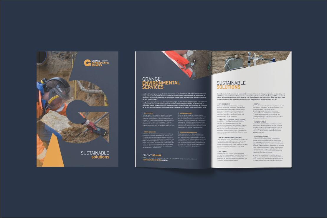Grange Environmental Servics company report against a navy blue background, designed by MOO Marketing & Design graphic design studio in Melbourne