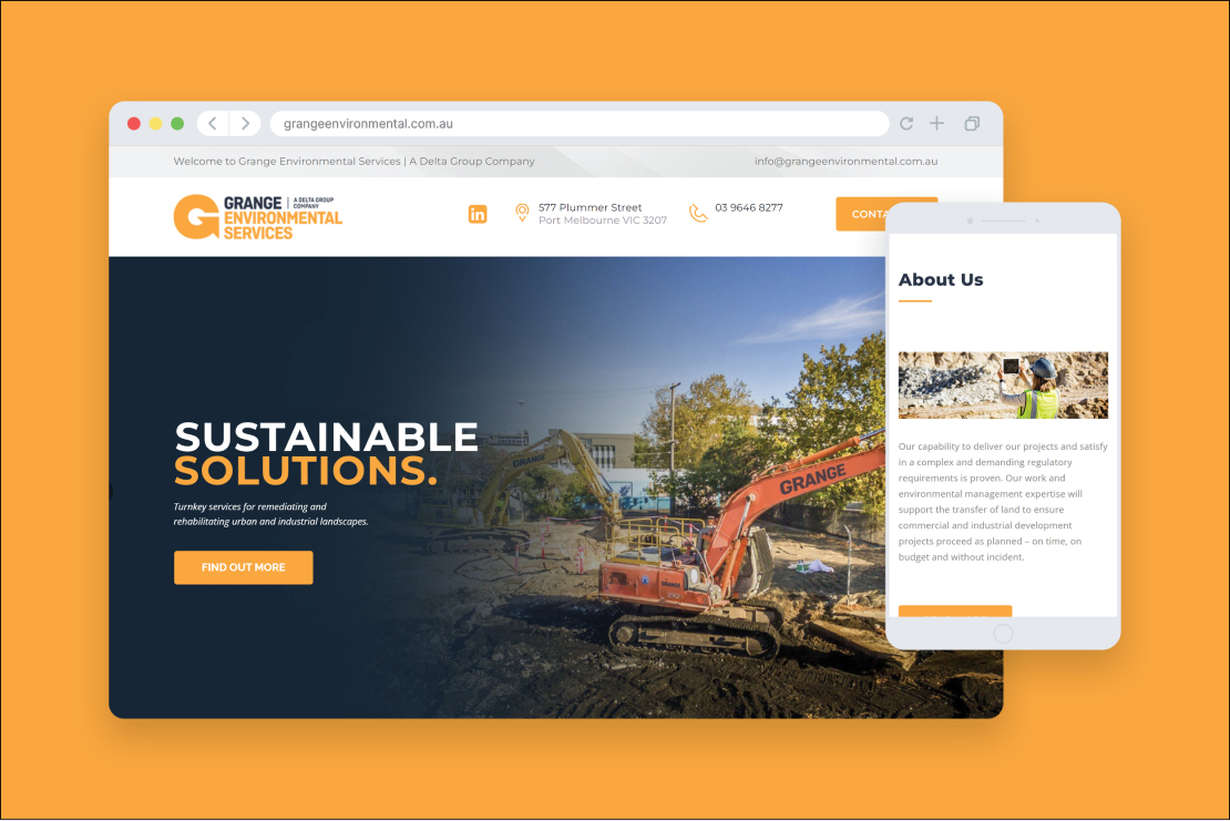 Grange Environmental Services website previewed on desktop and mobile devices against an orange background, designed by MOO Marketing & Design web design agency in Melbourne