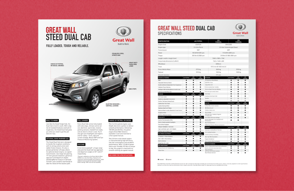 Spec sheet for Great Wall Motors Steed Dual Cab ute, designed by MOO Marketing & Design's graphic design studio in Melbourne