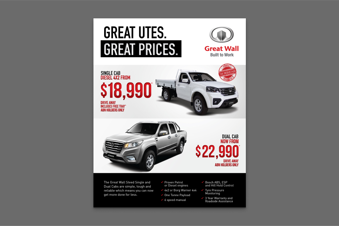 Great Wall Motors sales flyer designed by MOO Marketing & Design graphic design agency in Melbourne