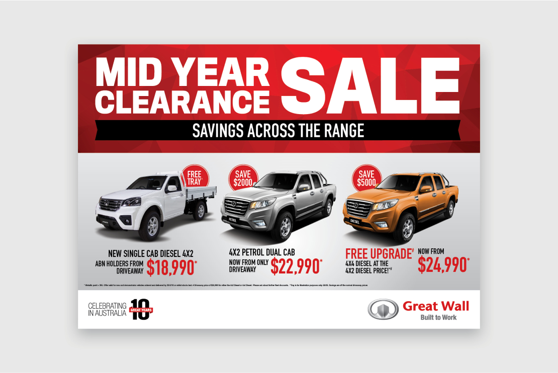 Great Wall Motors mid-year clearance sale print advertisement, designed by MOO Marketing & Design graphic design agency in Melbourne