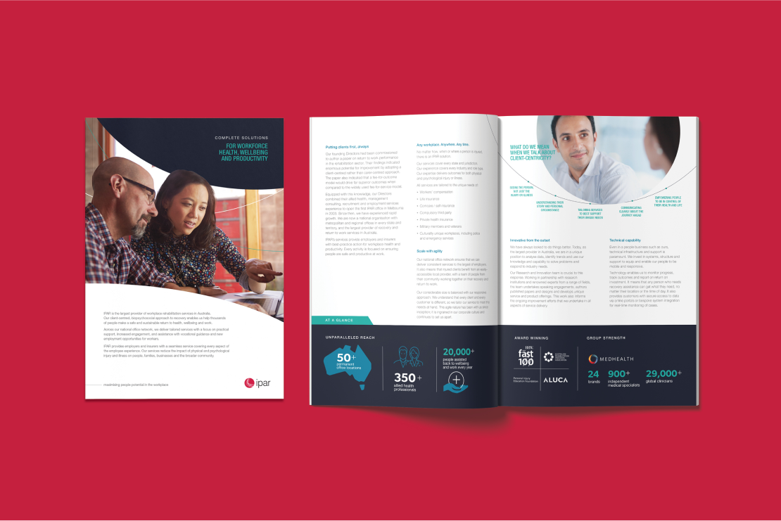 Internal company report with IPAR branding and colours against a red background, designed by MOO Marketing & Design graphic designers in Melbourne
