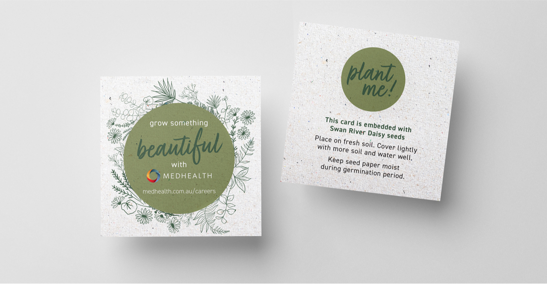 MedHealth promotional seed paper, examples of brand collateral designed by MOO Marketing & Design's branding studio in Melbourne