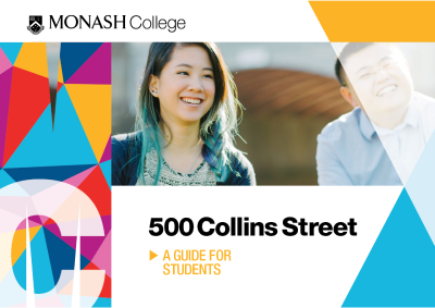 Front page of Monash College student resources/guide book, designed by MOO Marketing & Design's graphic design studio in Melbourne