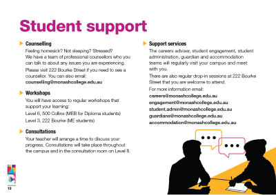 Monash College student resources/guide book student support & resources page, designed by MOO Marketing & Design's graphic design studio in Melbourne