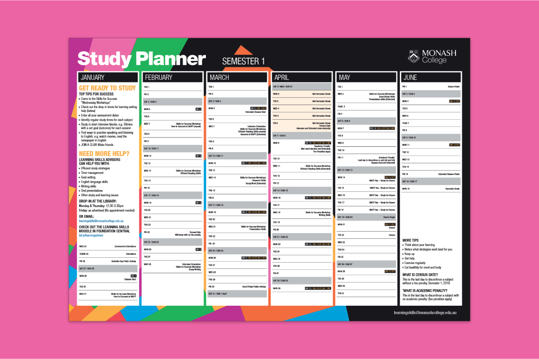 Monash College semester 1 study planner/calendar, designed by MOO Marketing & Design's graphic design a in Melbourne