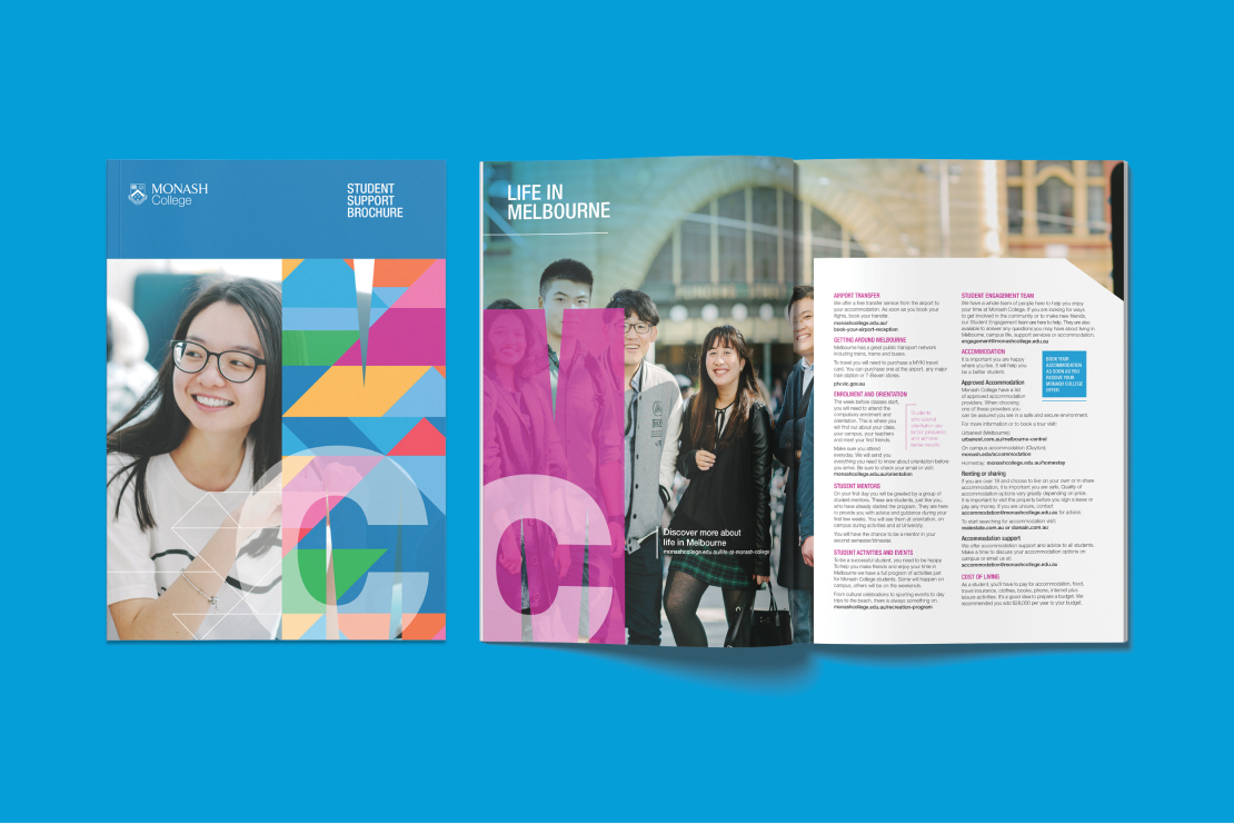 Monash College student brochure, designed by MOO Marketing & Design graphic design studio in Melbourne
