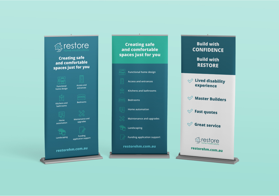 Restore Home Modifications pull-up banners for expos and events set against a teal background, designed by MOO Marketing & Design graphic design studio in Melbourne