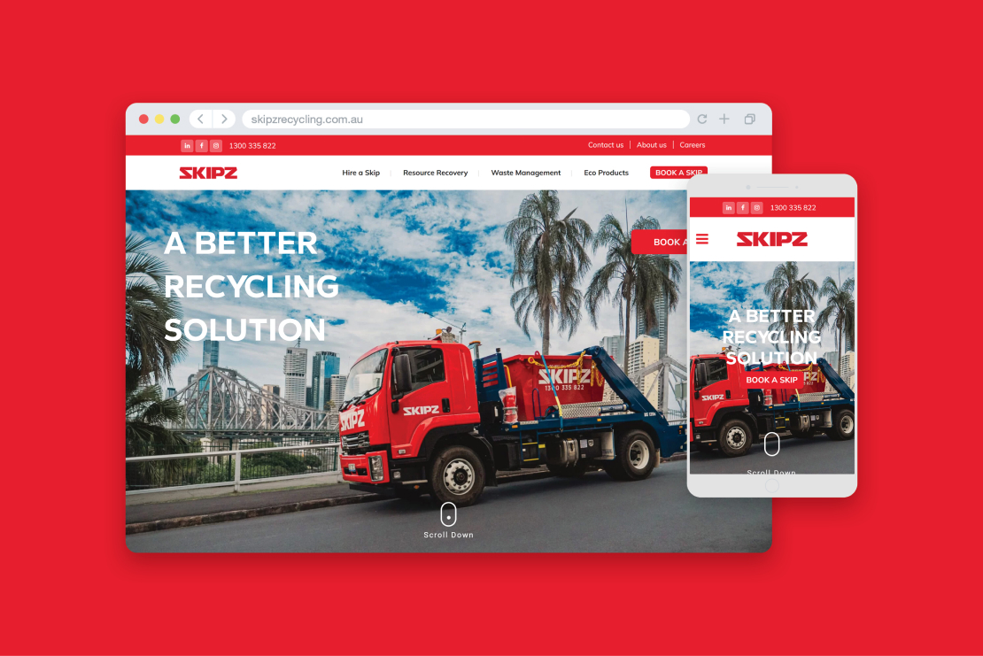 Skipz Recycling website previews on desktop and mobile devices against a red background, designed by MOO Marketing & Design web design agency in Melbourne
