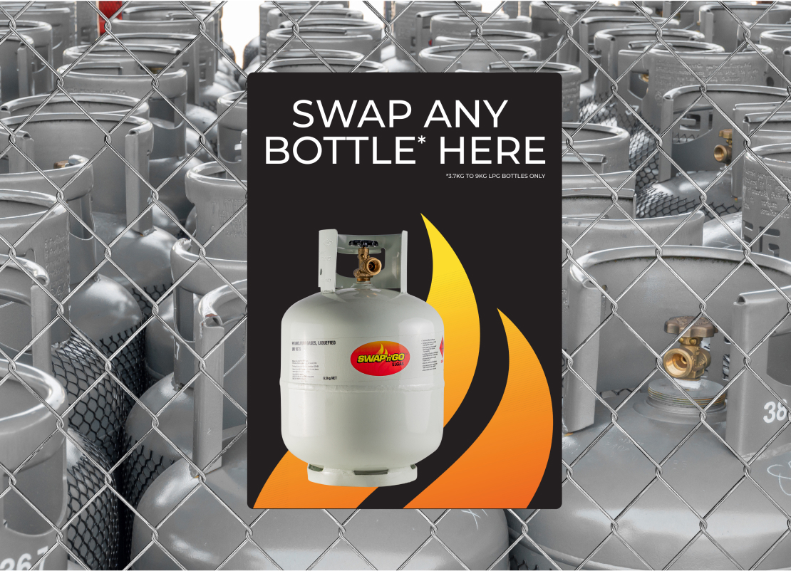 Elgas Swap-N-Go placard gas bottle storage area, with signage designed by MOO Marketing & Design's graphic design studio in Melbourne