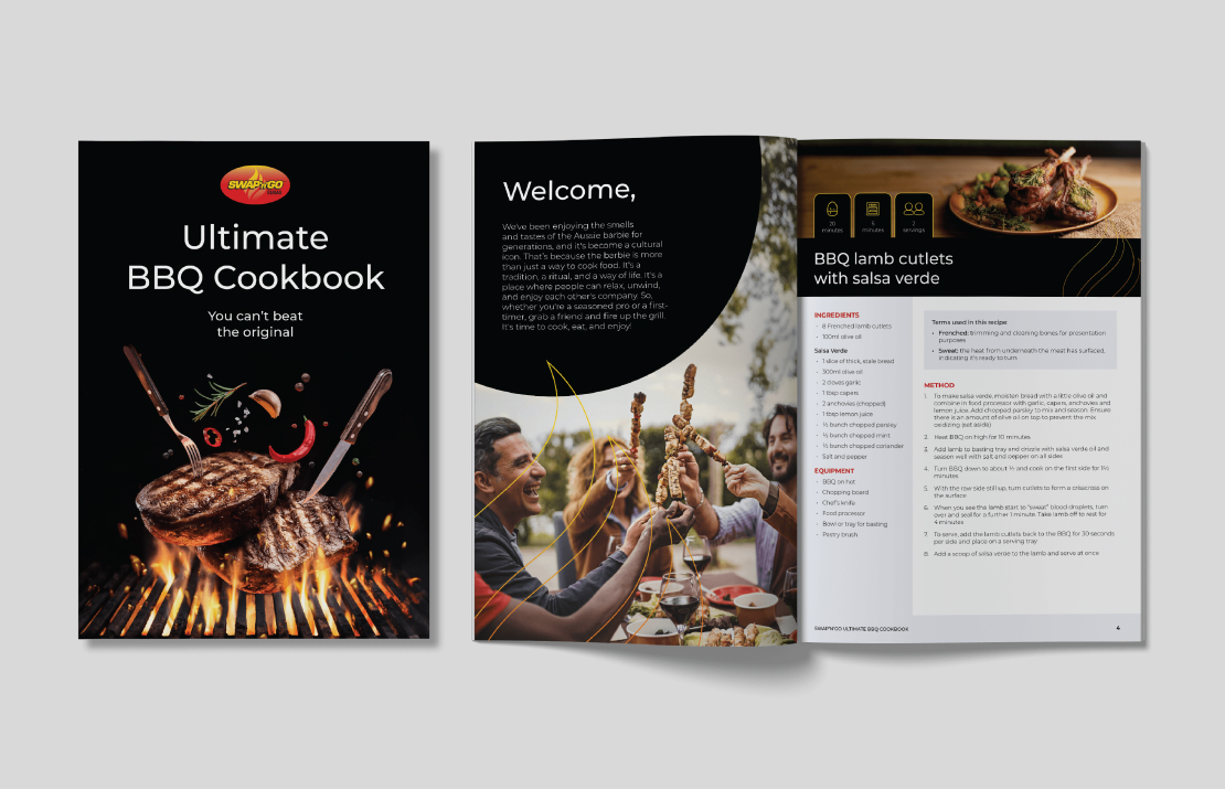 Elgas Swap-N-Go cookbook, designed by MOO Marketing's graphic design studio in Melbourne