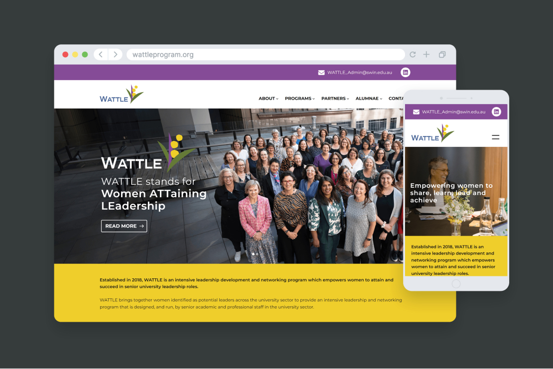 Wattle Project website homepage on both desktop and mobile devices, designed by MOO Marketing & Design web design agency in Melbourne