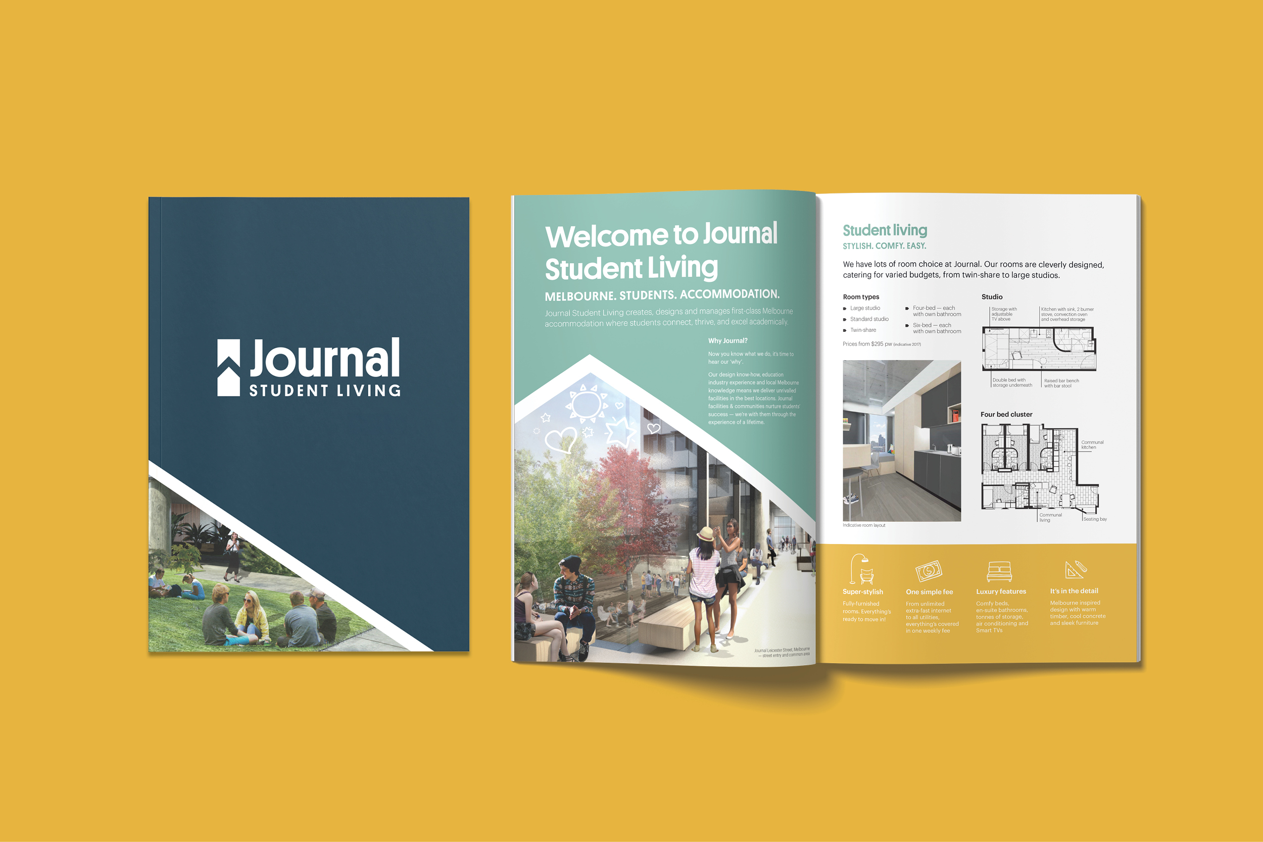 Journal Student Living information booklet, designed by MOO Marketing & Design's graphic designers in Melbourne
