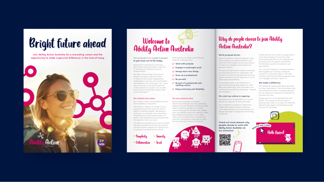 Ability Action Australia recruitment booklet designed by MOO Marketing & Design graphic design agency in Melbourne