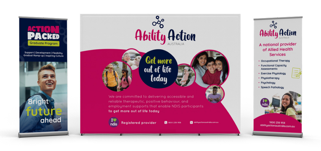 Ability Action Australia expo signage including roll down banners and media walls, designed by MOO Marketing & Design graphic design service in Melbourne