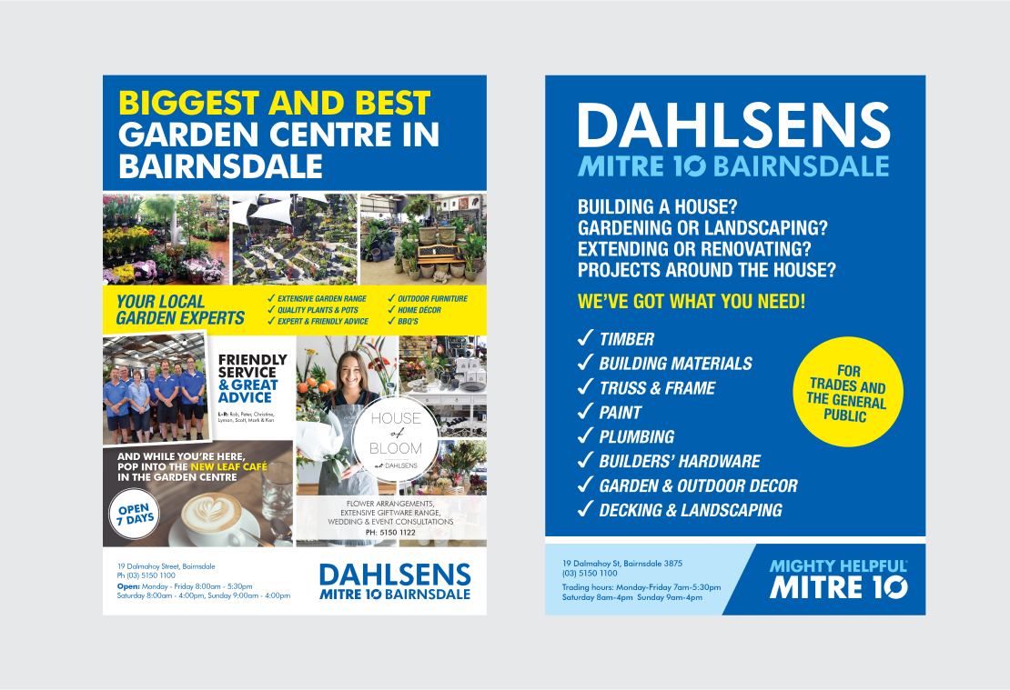 Dahlsens Mitre 10 print ads, posters, and flyers designed by MOO Marketing & Design graphic design agency in Melbourne