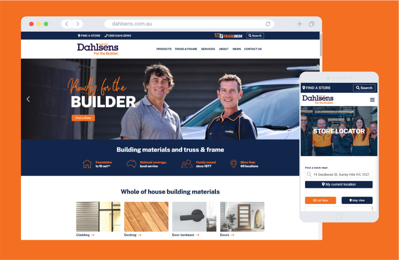 Desktop and mobile previews of Dahlsens website designed by MOO Marketing & Design's digital marketing and web design agency in Melbourne