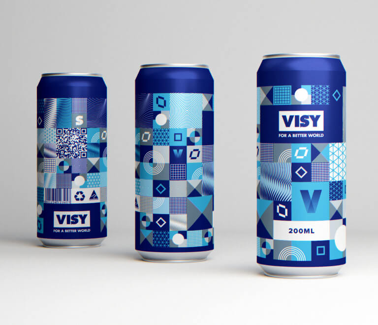 Three soft drink cans with branding of Visy Recycling designed by MOO Marketing graphic design agency Melbourne