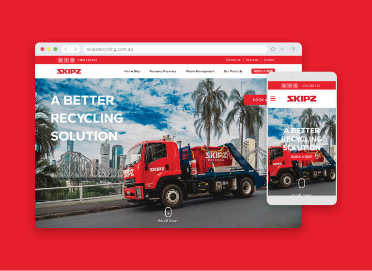 Red skip loader truck with Skipz logo designed by MOO Marketing & Design graphic design & website design agency in Melbourne