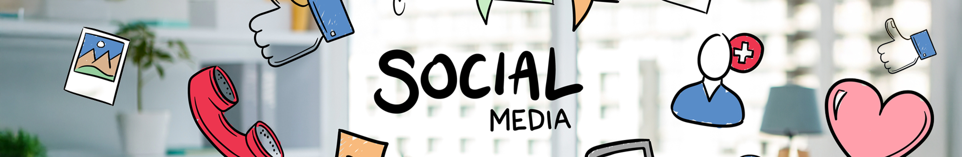 Social media concept with hand-drawn icons including a phone, heart, music note, chat bubbles, thumbs up, photo, and smartphone surrounding the words 'Social Media' in an office background.